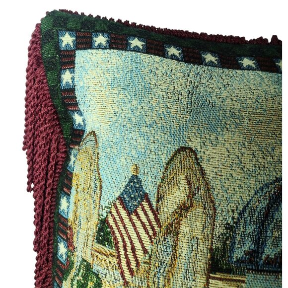 Vtg Tapestry Birdhouse Throw Pillow 16 x 16 Cord Fringe Flag Patriotic Americana - Picture 3 of 4
